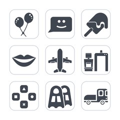 Premium fill icons set on white background . Such as transportation, airplane, happy, dessert, plane, sport, fun, decoration, celebration, truck, chat, game, technology, sea, teeth, cartoon, scan, ice