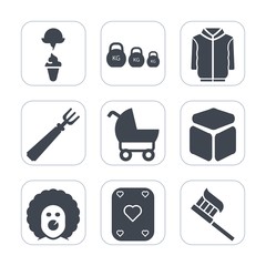 Premium fill icons set on white background . Such as dinner, dessert, game, milk, pram, shirt, baby, style, holiday, hygiene, cube, sign, health, jacket, spoon, measurement, food, child, clothes, care