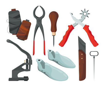 Different tools for shoe repair. Vector pictures in cartoon style