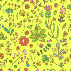 Floral  seamless pattern with flowers and plants on yellow  background.  Vector colorful contour doodle style image. 