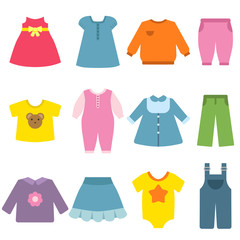 Clothes for childrens. Vector flat illustrations
