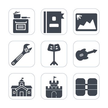 Premium fill icons set on white background . Such as equipment, address, telephone, business, book, tank, cooking, stove, photo, tool, directory, white, list, food, paper, frame, information, picture