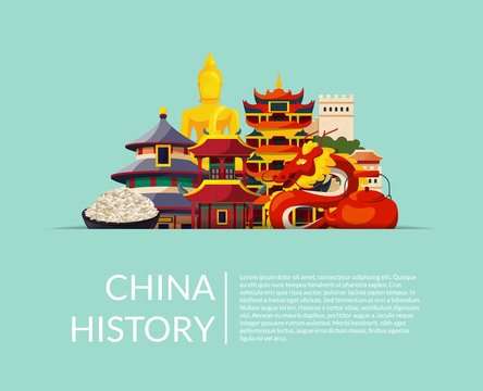 Vector pile of flat style china elements and sights hidden in horizontal paper pocket with shadow and place for text