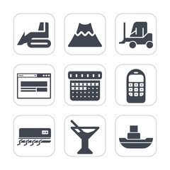 Premium fill icons set on white background . Such as phone, juice, work, boat, vessel, construction, volcano, vehicle, time, delivery, timetable, cargo, old, ship, truck, conditioner, lava, business