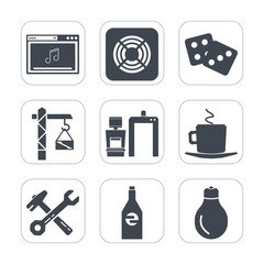Premium fill icons set on white background . Such as air, gambling, saw, beverage, liquid, bottle, electric, casino, construction, machine, equipment, scan, bulb, music, cooling, wrench, luck, media