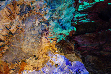 Colorful inside of Hang Sung Sot cave world heritage site in Halong Bay, Vietnam