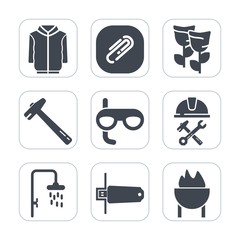 Premium fill icons set on white background . Such as flower, clothes, wrench, white, builder, bath, tool, scuba, barbecue, meat, industry, style, fashion, summer, shirt, food, grill, petal, nature