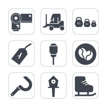 Premium fill icons set on white background . Such as harvest, business, photographer, technology, picture, car, transport, skating, agriculture, photo, weight, ice, sport, winter, truck, cargo, lens