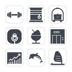 Premium fill icons set on white background . Such as icecream, fitness, room, travel, business, sport, lift, music, gym, food, office, sound, graph, interior, microphone, apartment, equipment, concept