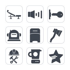 Premium fill icons set on white background . Such as kitchen, audio, foreman, sign, helmet, construction, builder, seat, white, security, key, sound, astronaut, unlock, home, speaker, industry, double