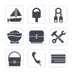 Premium fill icons set on white background . Such as cheeseburger, communication, icecream, fun, transportation, ice, phone, lecture, cream, hammer, food, fashion, toy, sandwich, spanner, summer, tool