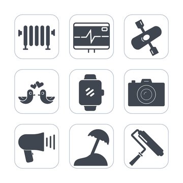 Premium fill icons set on white background . Such as tool, equipment, beach, gadget, roll, electric, home, pulse, roller, screen, activity, smart, sea, speaker, rate, heat, technology, bird, kayak
