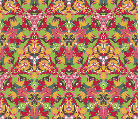 Kaleidoscope seamless pattern, background. Composed of colored abstract shapes. Useful as design element for texture and artistic compositions.