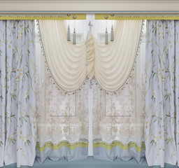 Luxurious window dressing in the interior Curtains with floral pattern made of natural fabric,...