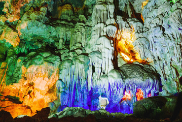 Fototapeta na wymiar Colorful inside of Hang Sung Sot cave world heritage site in Halong Bay, Vietnam