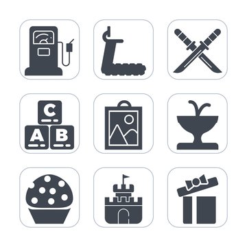 Premium fill icons set on white background . Such as weapon, gift, background, gasoline, gas, station, fountain, pump, sand, oil, white, box, dessert, water, sword, celebration, picture, gym, service