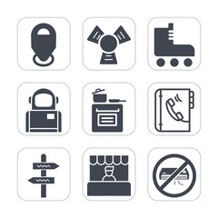 Premium fill icons set on white background . Such as skate, sign, travel, cooking, modern, space, science, kitchen, grocery, shoe, marker, way, cosmos, boot, equipment, water, roller, supermarket, air