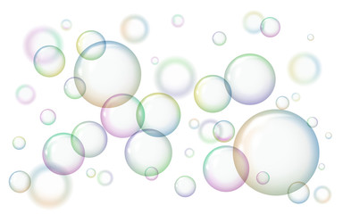 Shiny soap bubbles on white background. Vector illustration. Balls with a glare.