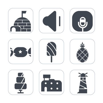 Premium fill icons set on white background . Such as striped, audio, summer, microphone, sea, lighthouse, city, north, fruit, music, popsicle, architecture, sign, winter, arctic, candy, fresh, stick