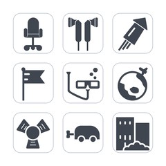 Premium fill icons set on white background . Such as flag, banner, scuba, new, business, festival, carriage, travel, cooler, stereo, party, fire, music, country, firework, building, america, holiday