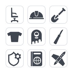 Premium fill icons set on white background . Such as immigration, chair, tourism, monster, knife, work, clothes, interior, room, furniture, engineer, rocket, white, industrial, internet, construction