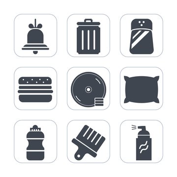 Premium fill icons set on white background . Such as salt, bin, drawing, kitchen, recycle, trash, call, alarm, ingredient, pepper, reminder, cooking, recycling, burger, food, bed, soft, alert, white