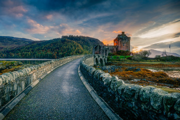 Eilean Donan Castle and a dramatic sunset sky on a Halloween evening