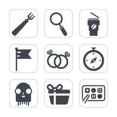 Premium fill icons set on white background . Such as away, romance, restaurant, food, nation, zoom, box, sign, search, monster, meal, cup, view, present, glass, take, chinese, fork, alien, gift, drink