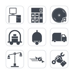 Premium fill icons set on white background . Such as builder, table, judge, calculator, ring, workplace, service, button, departure, flight, concept, music, audio, business, travel, call, construction