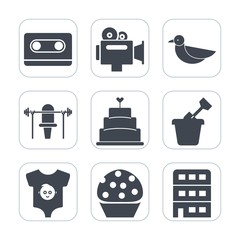 Premium fill icons set on white background . Such as kid, sandbox, camcorder, animal, tape, play, cassette, doughnut, sand, sport, pie, camera, summer, audio, retro, flight, child, record, food, movie