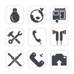 Premium fill icons set on white background . Such as travel, caravan, fly, tool, katana, concept, japanese, globe, energy, wrench, airplane, photo, earth, sign, call, music, plane, phone, weapon, idea
