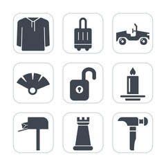 Fototapeta premium Premium fill icons set on white background . Such as vehicle, hammer, sensu, japanese, car, king, airport, bag, fan, clothing, message, saw, journey, security, suitcase, candle, terminal, clothes, box