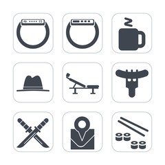 Premium fill icons set on white background . Such as cap, time, katana, japan, food, hot, object, tea, screen, seat, sword, drink, fitness, location, salmon, hotdog, travel, sausage, map, gadget, hat