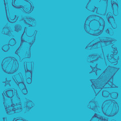 Seamless borders of beach summer holidays accessories, sketch cartoon illustration. Vector