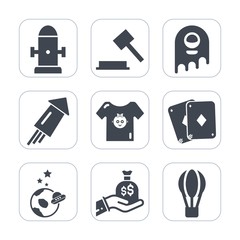 Premium fill icons set on white background . Such as transport, clothes, hammer, clothing, festival, emergency, legal, holiday, game, fire, science, finance, celebration, ufo, sack, event, protection
