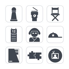 Premium fill icons set on white background . Such as japan, cap, paper, play, take, clothing, kimono, away, coffee, king, car, calendar, cup, technology, tv, geisha, element, knight, reminder, fashion