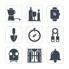 Premium fill icons set on white background . Such as glass, interior, technology, map, screen, window, tool, ring, alarm, hot, light, curtain, bottle, beverage, gadget, person, breakfast, bell, ufo