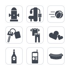 Premium fill icons set on white background . Such as cell, romance, safety, gym, clothes, sport, hydrant, vintage, water, soccer, hotdog, shirt, emergency, wine, key, fitness, vehicle, football, heart