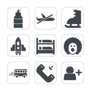 Premium fill icons set on white background . Such as flight, phone, circus, technology, art, hotel, sport, travel, galaxy, bed, account, transportation, sign, call, clown, winter, shuttle, road, spray