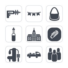 Premium fill icons set on white background . Such as fiction, colorful, bag, bowling, architecture, female, ball, war, delivery, cone, weapon, paperclip, future, tool, military, party, space, fashion
