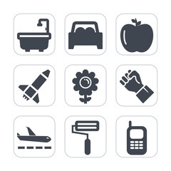 Premium fill icons set on white background . Such as food, rocket, roller, spaceship, travel, human, fresh, floral, healthy, mobile, plane, roll, red, nature, people, old, concept, bathroom, airport