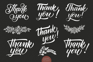 Set of hand drawn lettering Thank You. Elegant modern handwritten calligraphy with thankful quote. Vector Ink illustration. Typography poster on dark background. For cards, invitations, prints etc.