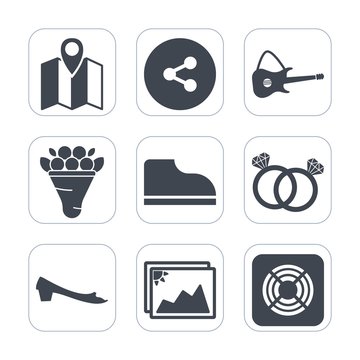 Premium fill icons set on white background . Such as navigation, web, footwear, beautiful, pink, blossom, diamond, ring, technology, city, fan, nature, location, internet, frame, share, concert, rock