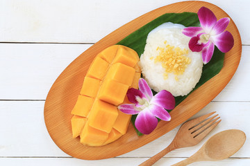 mango and sticky rice is popular traditional dessert of Thailand.