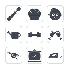 Premium fill icons set on white background . Such as equipment, dinner, alcohol, can, gun, work, muffin, childhood, entertainment, happy, spoon, baby, fitness, television, kid, electric, doughnut, red
