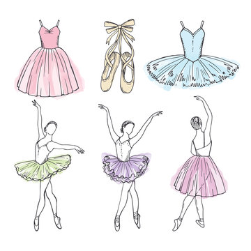 Sketch vector pictures of different ballet dancers. Hand drawn illustrations of ballerinas