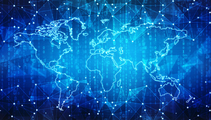 World map and blockchain peer to peer network, Global Network Concept