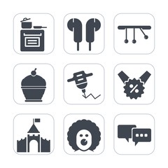 Premium fill icons set on white background . Such as drill, character, dessert, pastry, stereo, domestic, bubble, cook, home, price, white, music, modern, sale, equipment, sign, food, sound, talk, pie