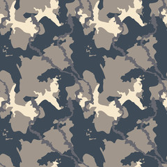 Urban camouflage of various shades of beige and navy. It is a colorful seamless pattern that can be used as a camo print for clothing and repeat background and backdrop or computer wallpaper