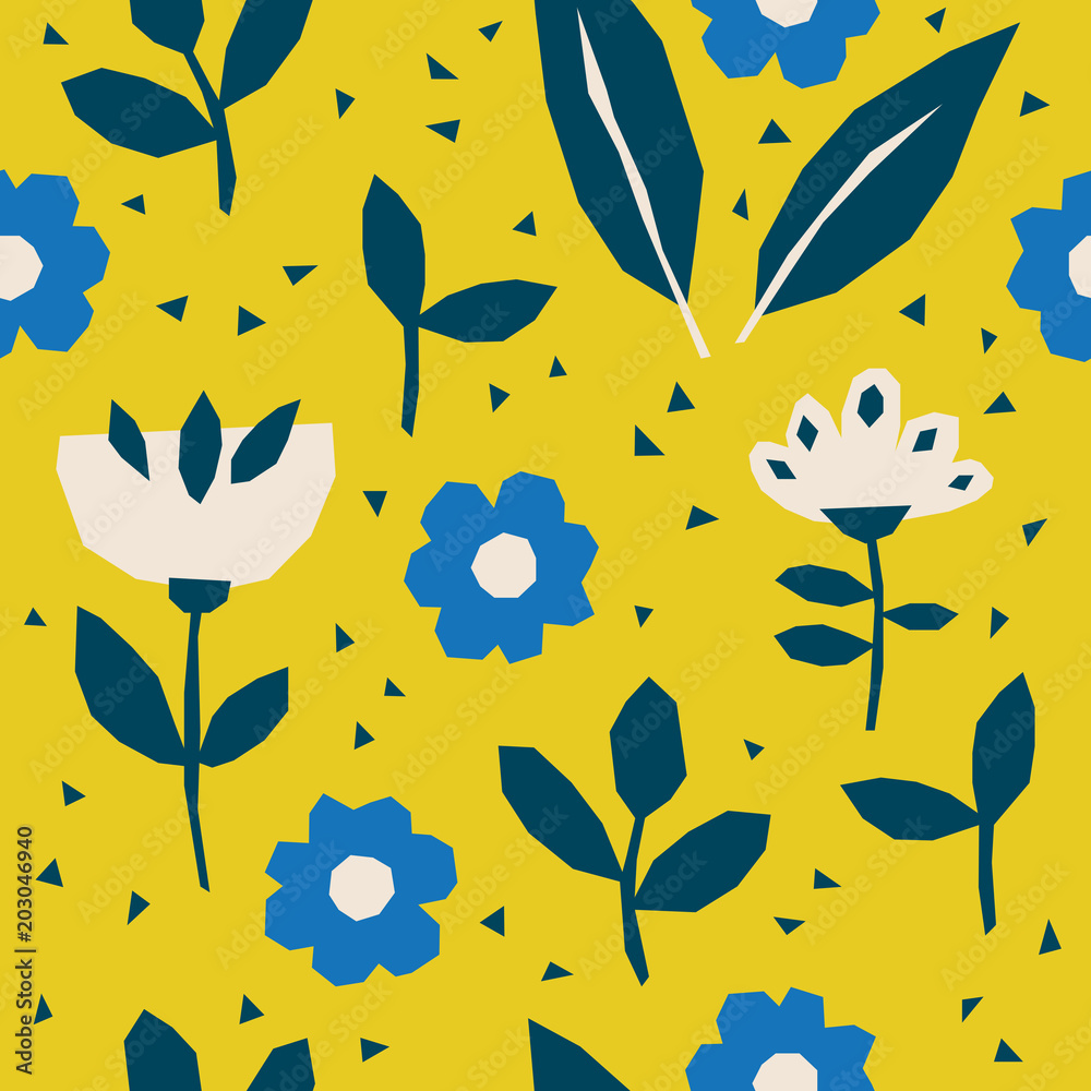 Poster seamless pattern with flowers and leaves in scandinavian style